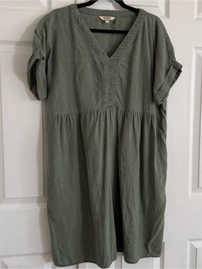 BRIGGS V-Neck Linen Blend Olive Green Casual Dress